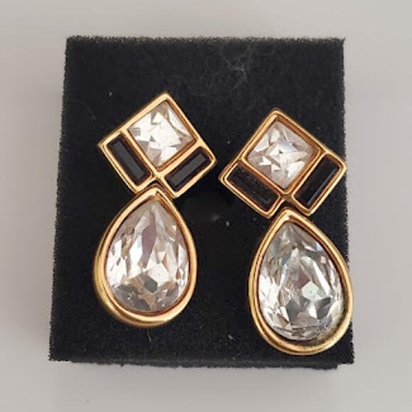 Swarovski Crystal Teardrop Earrings Gold‎ Plated Black Accents Bling Swan Signed - Picture 1 of 6